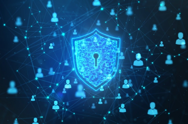 Digital shield with a keyhole at the centre of a connected network of people, representing security intelligence