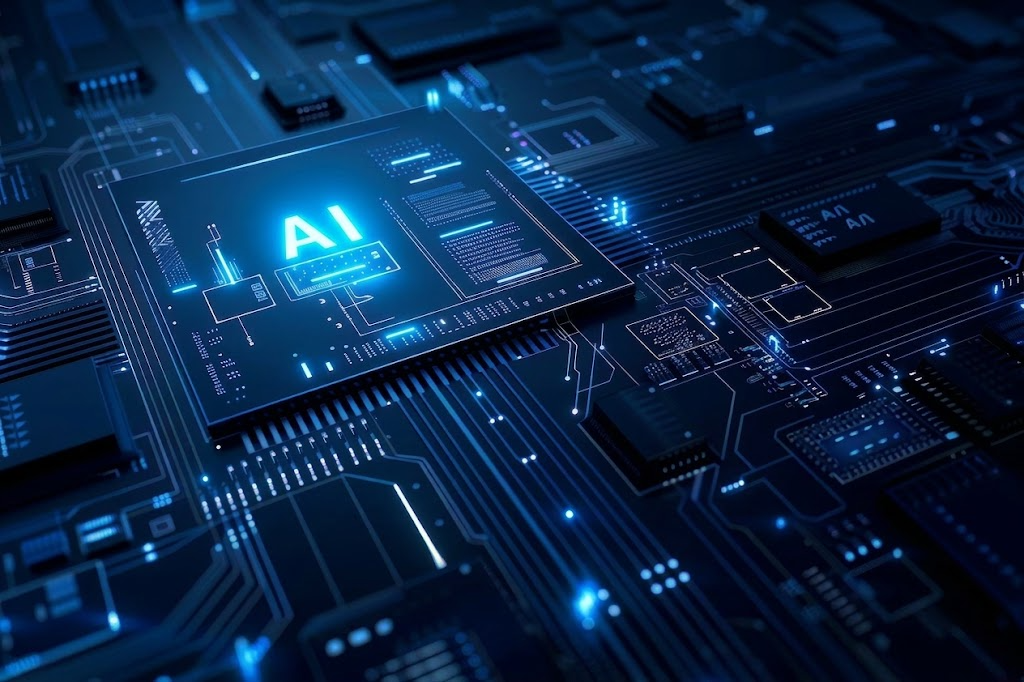 Close-up of an illuminated circuit board with an AI processor, representing technology infrastructure work