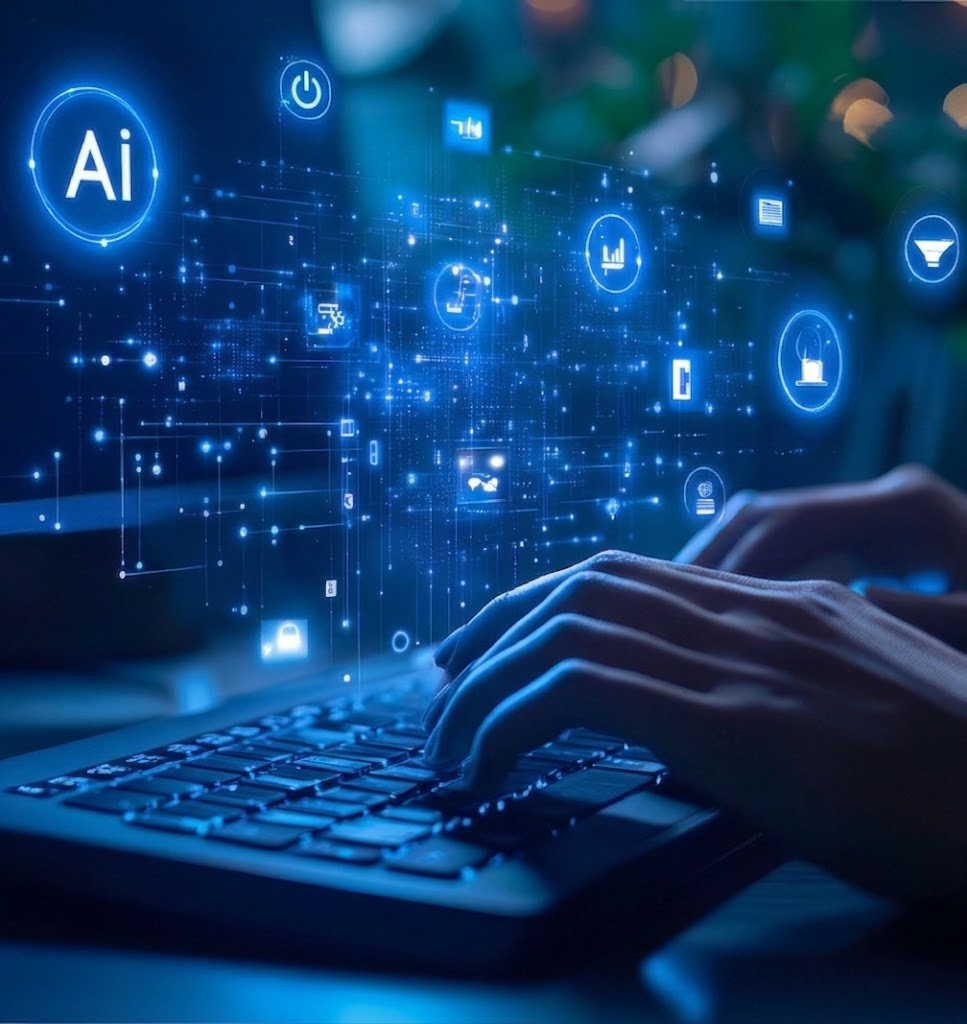 Connected AI workflow icons above a keyboard